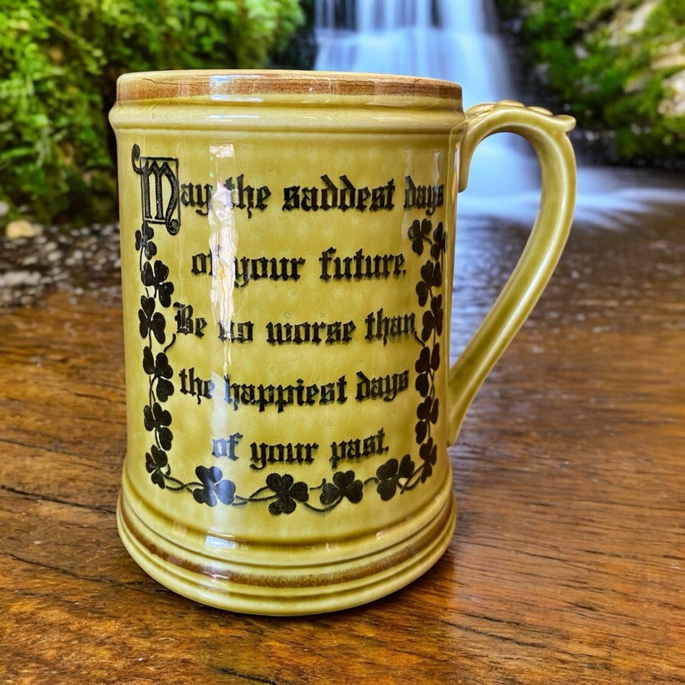 VTG Enesco Japan Irish Blessing Mug Stoneware Green Brown Shamrock Stein 70s